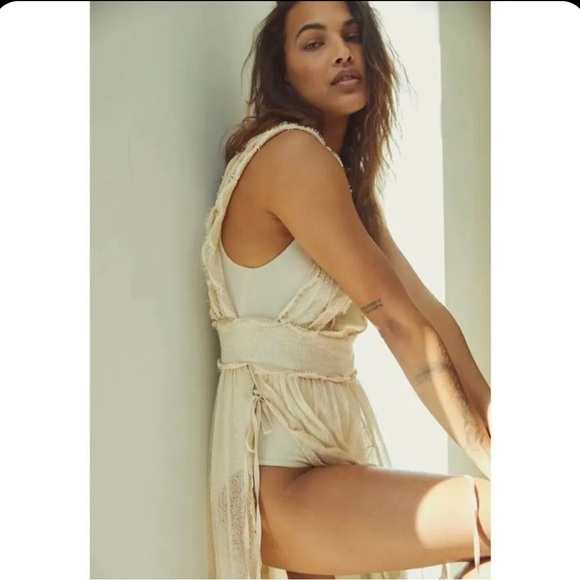 Free People Luna Lace Side Tie V Neck Bodysuit Maxi Spring or Summer Dress - Picture 3 of 5